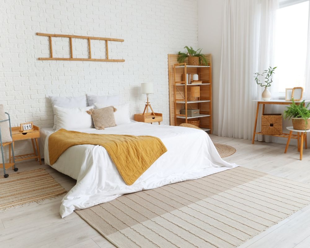 Phòng ngủ với tường gạch trắng, giường sang trọng, nội thất gỗ và cây xanh tạo không gian thoải mái và ấm áp.