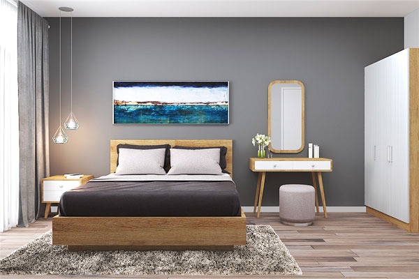 huong-phong-thuy-phong-ngu-cho-tuoi-quy-suu Phòng ngủ hiện đại với giường gỗ, tranh treo tường, bàn trang điểm và tủ lớn, tạo không gian ấm cúng và thanh lịch.