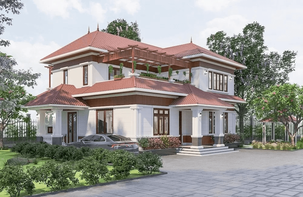 i8z4ch1pdy25qo7tverk Biệt thự hai tầng mái ngói đỏ, thiết kế hiện đại, có sân vườn xanh mát xung quanh.