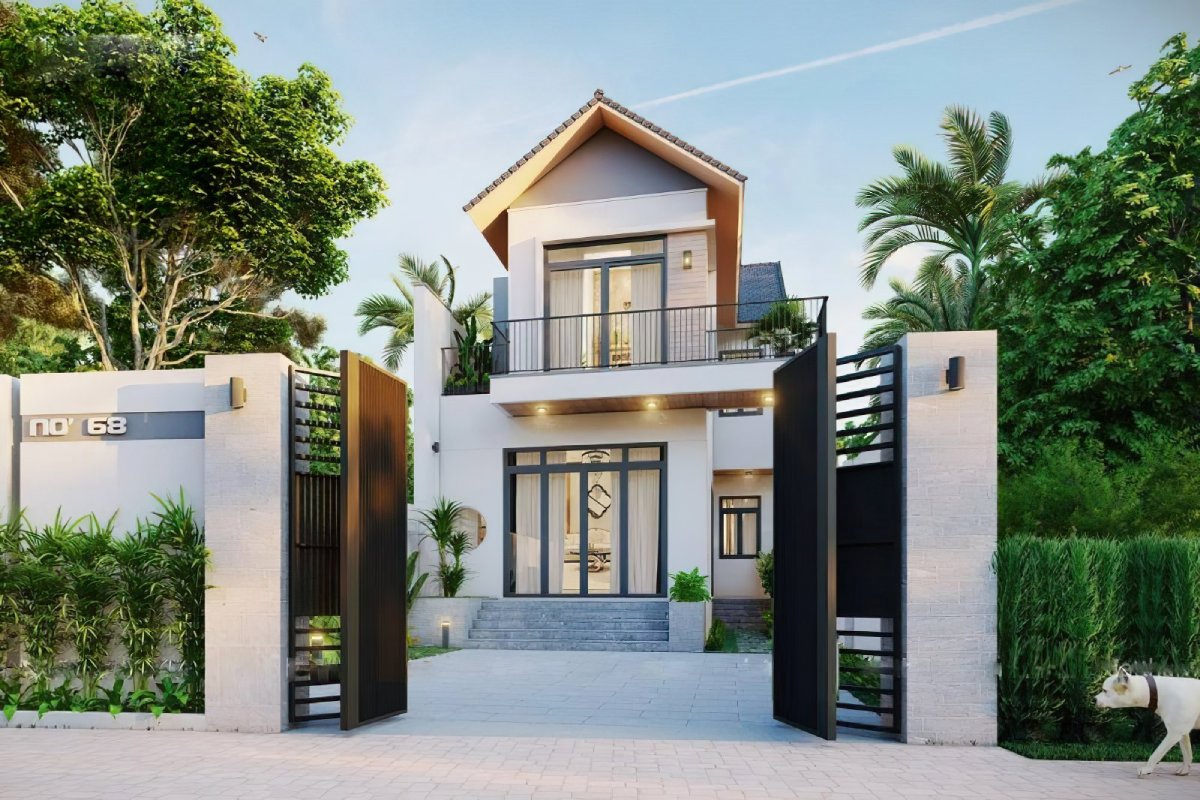 Ngôi nhà hiện đại hai tầng với cổng lớn mở, cây xanh xung quanh, trời trong và ánh sáng tự nhiên.