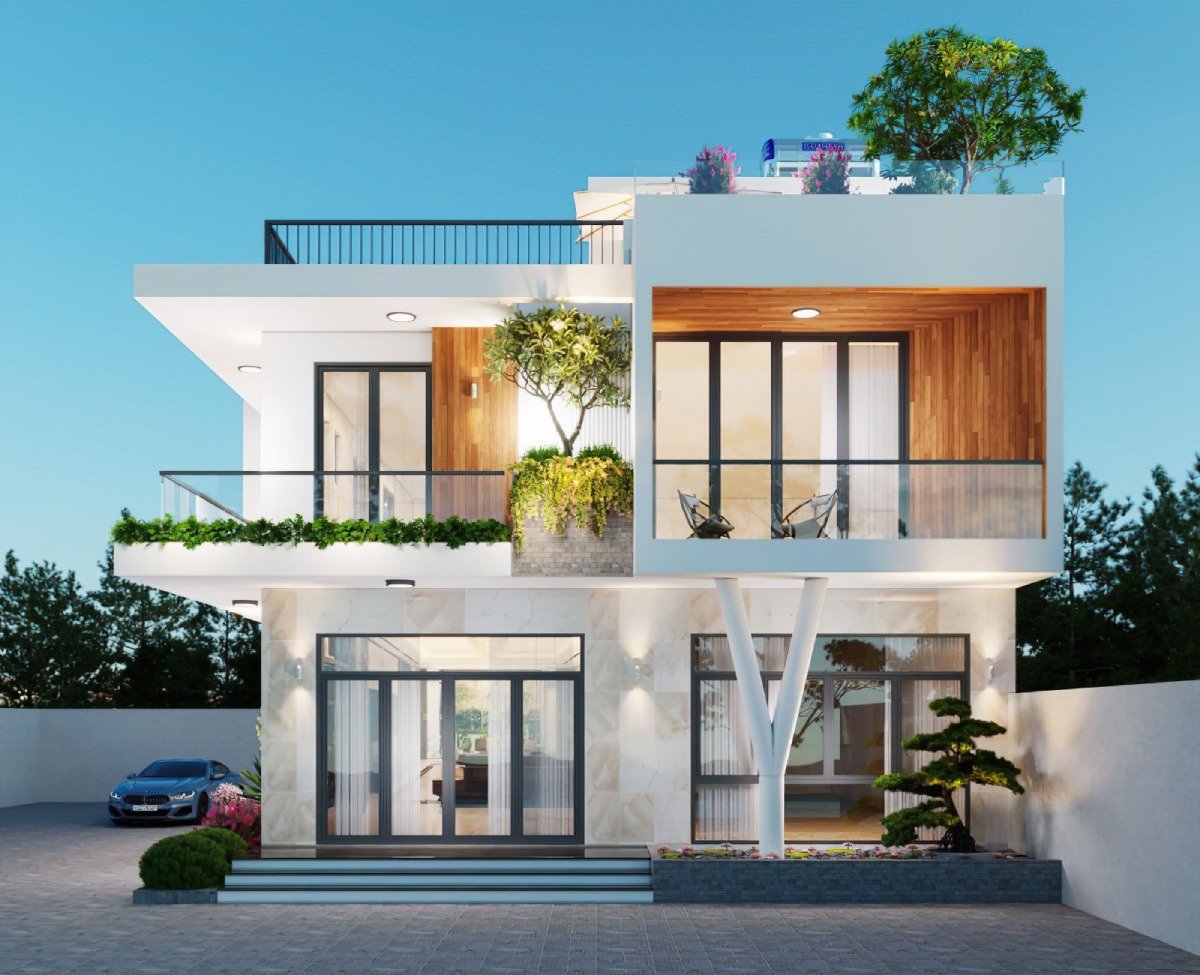 Ngôi nhà hiện đại 3 tầng với ban công rộng và cây xanh, ô tô đỗ trước sân trong không gian xanh mát.