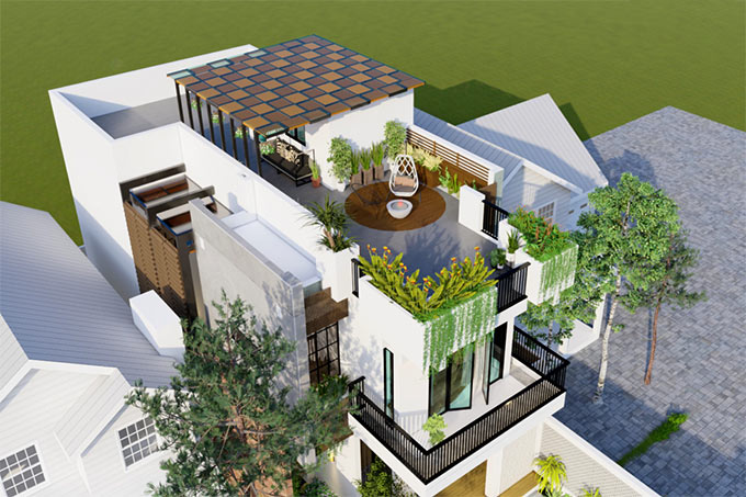 image13 Nhà hiện đại với sân thượng xanh mát, bàn ghế thư giãn và cây xanh trang trí, góc nhìn từ trên cao.