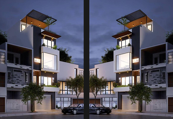 Nhà phố phong cách hiện đại, chiếu sáng vào ban đêm, có cây xanh ở ban công và ô tô đậu phía trước.