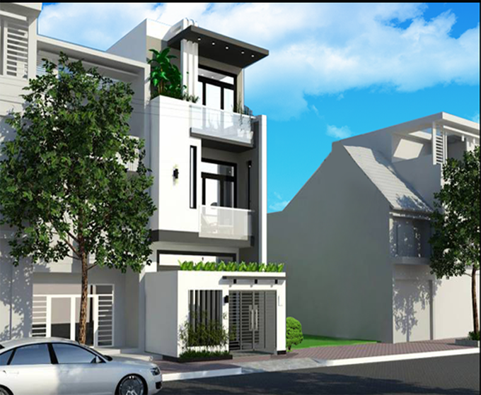 Nhà phố ba tầng hiện đại với ban công kính và cây xanh, trời trong xanh.