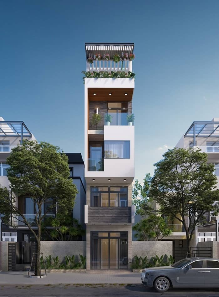 Nhà phố hiện đại mặt tiền hẹp, kiến trúc cao tầng với ban công xanh, ô tô đỗ trước cửa.