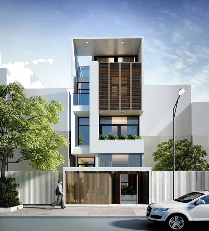 Nhà phố hiện đại ba tầng với sự kết hợp kính và gỗ, cây xanh xung quanh, ô tô đỗ phía trước.