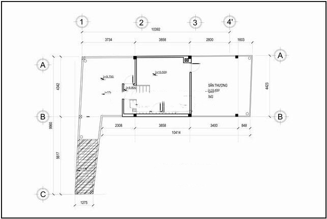 Bản vẽ chi tiết mặt bằng sân thượng, thể hiện rõ kích thước và cấu trúc xây dựng.