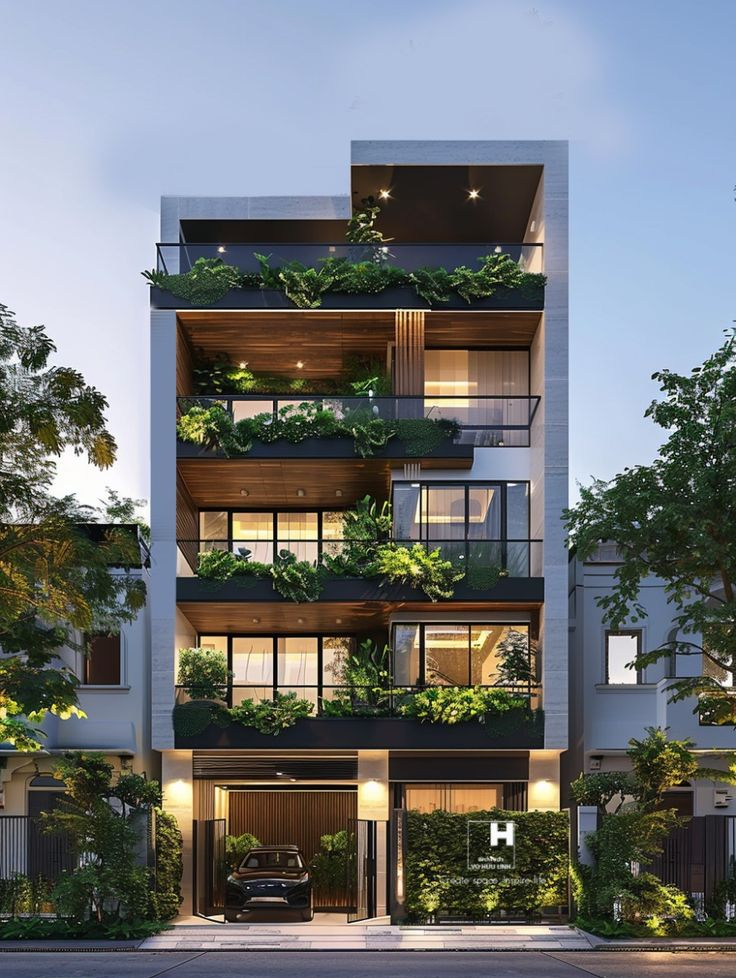 Nhà phố hiện đại 3 tầng với ban công cây xanh, thiết kế ánh sáng tối ưu, phong cách kiến trúc đương đại.