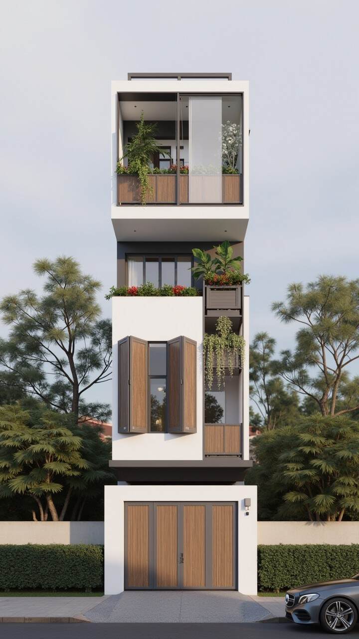 Nhà ống hiện đại ba tầng với cửa gỗ và ban công xanh mát, xe hơi đỗ trước cửa, cây cối xung quanh.