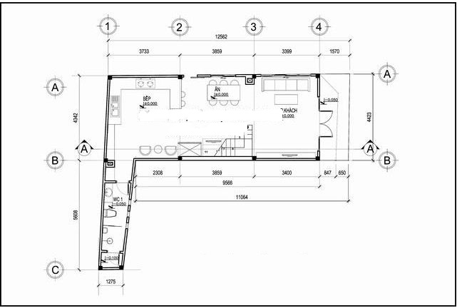 Bản vẽ chi tiết mặt bằng nhà có phòng bếp, phòng khách và WC, với kích thước và ký hiệu kiến trúc rõ ràng.