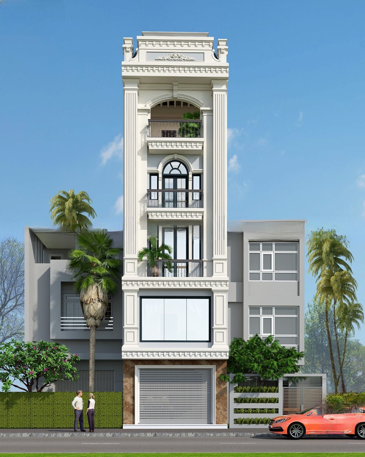 Tòa nhà tân cổ điển cao tầng với ô tô màu đỏ đậu trước, bầu trời trong xanh, cảnh quan xung quanh hiện đại.