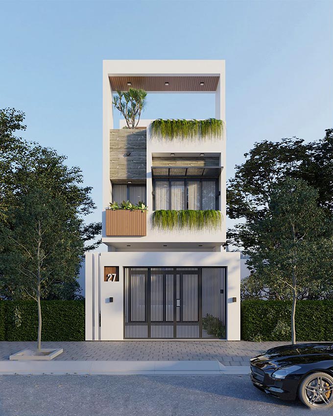 image5 Nhà phố hiện đại ba tầng với cây xanh trang trí, mặt tiền thoáng, cửa số 27, có cây và xe ô tô phía trước.