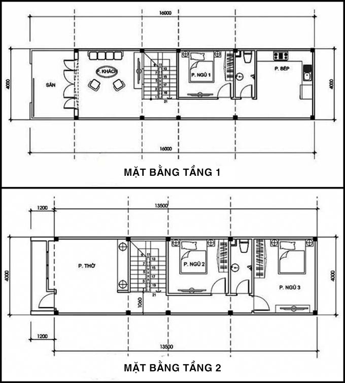 image6 Bản vẽ mặt bằng thiết kế nhà tầng 1 và tầng 2 với phòng khách, bếp và phòng ngủ chi tiết.