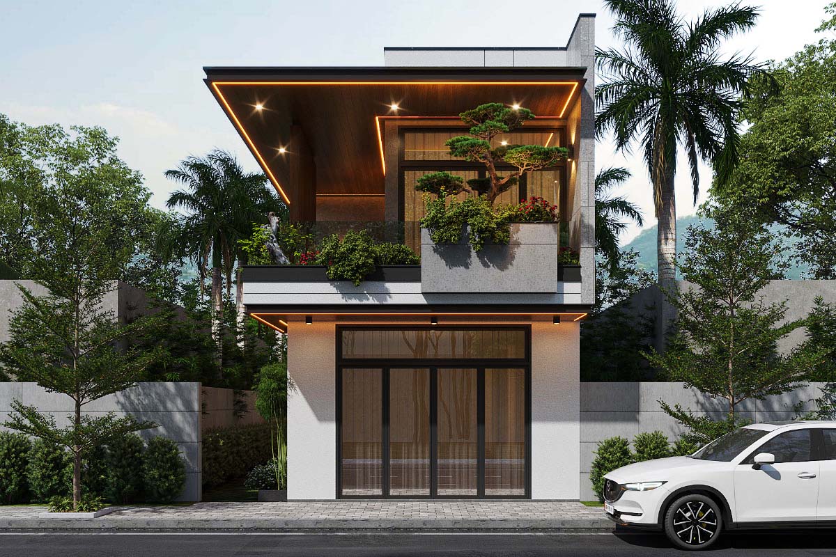 Nhà hiện đại hai tầng có ban công xanh và cây cảnh, thiết kế tối giản với ô tô đỗ trước cửa.