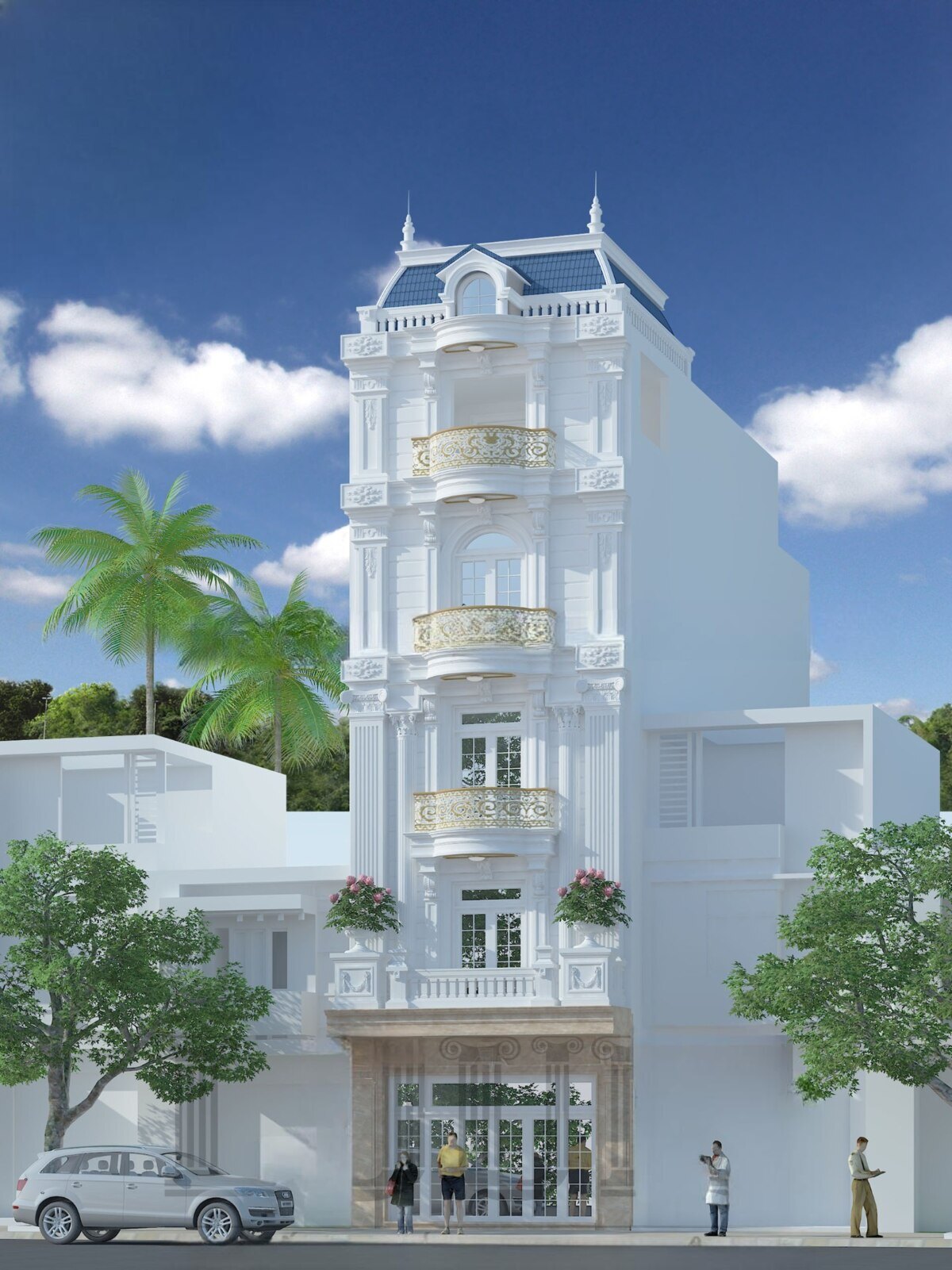 Tòa nhà tân cổ điển 5 tầng trắng với ban công hoa văn và cây xanh phía trước, bầu trời xanh lơ.