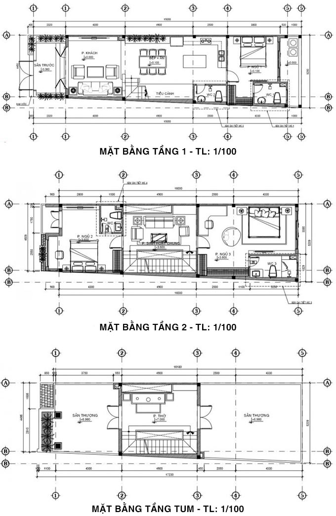 image7 Bản vẽ chi tiết mặt bằng nhà 3 tầng với các phòng và kích thước, tỉ lệ 1/100.