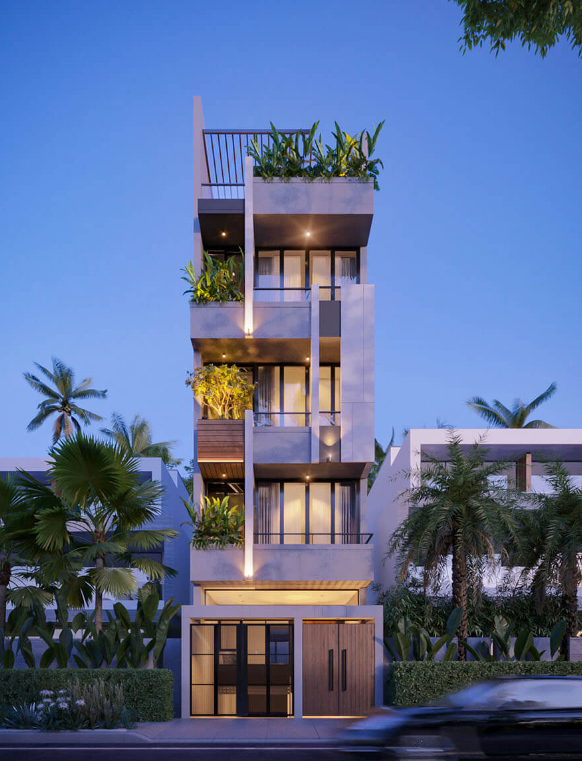 Tòa nhà hiện đại, 4 tầng với cây xanh trên ban công, vào lúc hoàng hôn, có nền trời xanh nhạt và cây cọ.