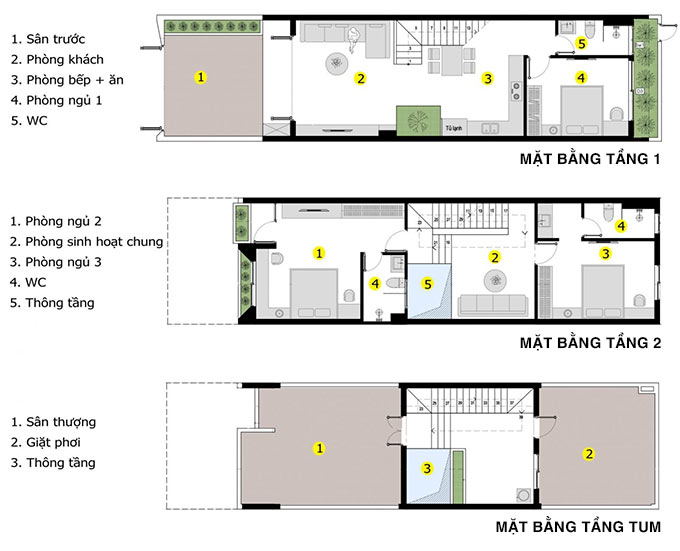 image8 Sơ đồ mặt bằng ba tầng, gồm phòng khách, phòng ngủ, nhà bếp, WC, và sân thượng.