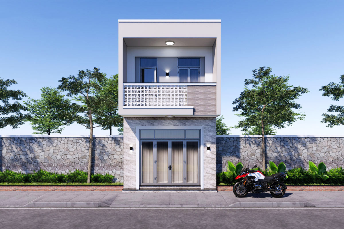 Nhà phố hiện đại hai tầng, mặt tiền đá cẩm thạch, xe máy đỗ phía trước, cây xanh và tường đá bao quanh.