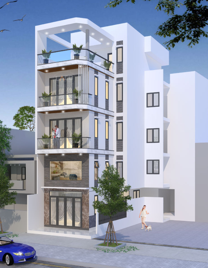 Nhà phố hiện đại 4 tầng có ban công xanh, cây cảnh và xe hơi xanh phía trước, bầu trời trong lành.