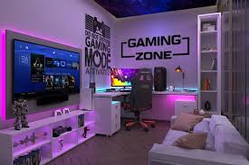 Phòng game tiên tiến với ánh đèn LED tím, màn hình cỡ lớn, bàn và ghế chơi game.