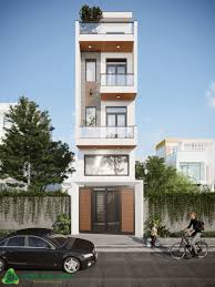 Nhà phố hiện đại bốn tầng với ban công, cây xanh và xe ô tô, xe đạp phía trước.