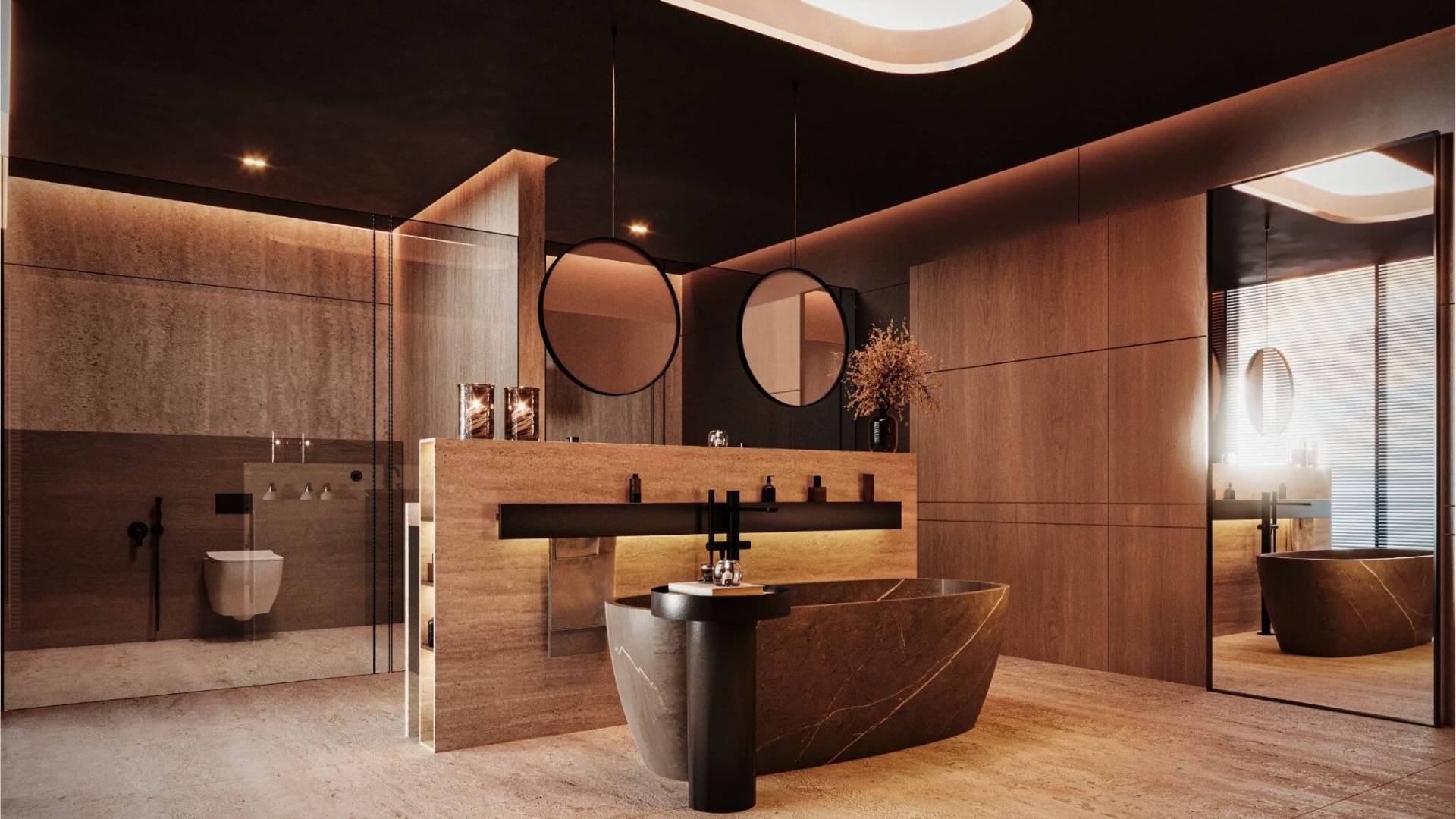 Phòng tắm sang trọng với gương tròn và bồn tắm đá hiện đại, ánh sáng ấm cúng.