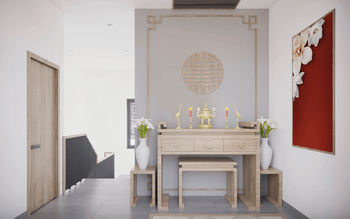 Bàn thờ gia tiên trang trí với đèn, bình hoa và biểu tượng trên tường, mang nét trang nghiêm và thanh tịnh.