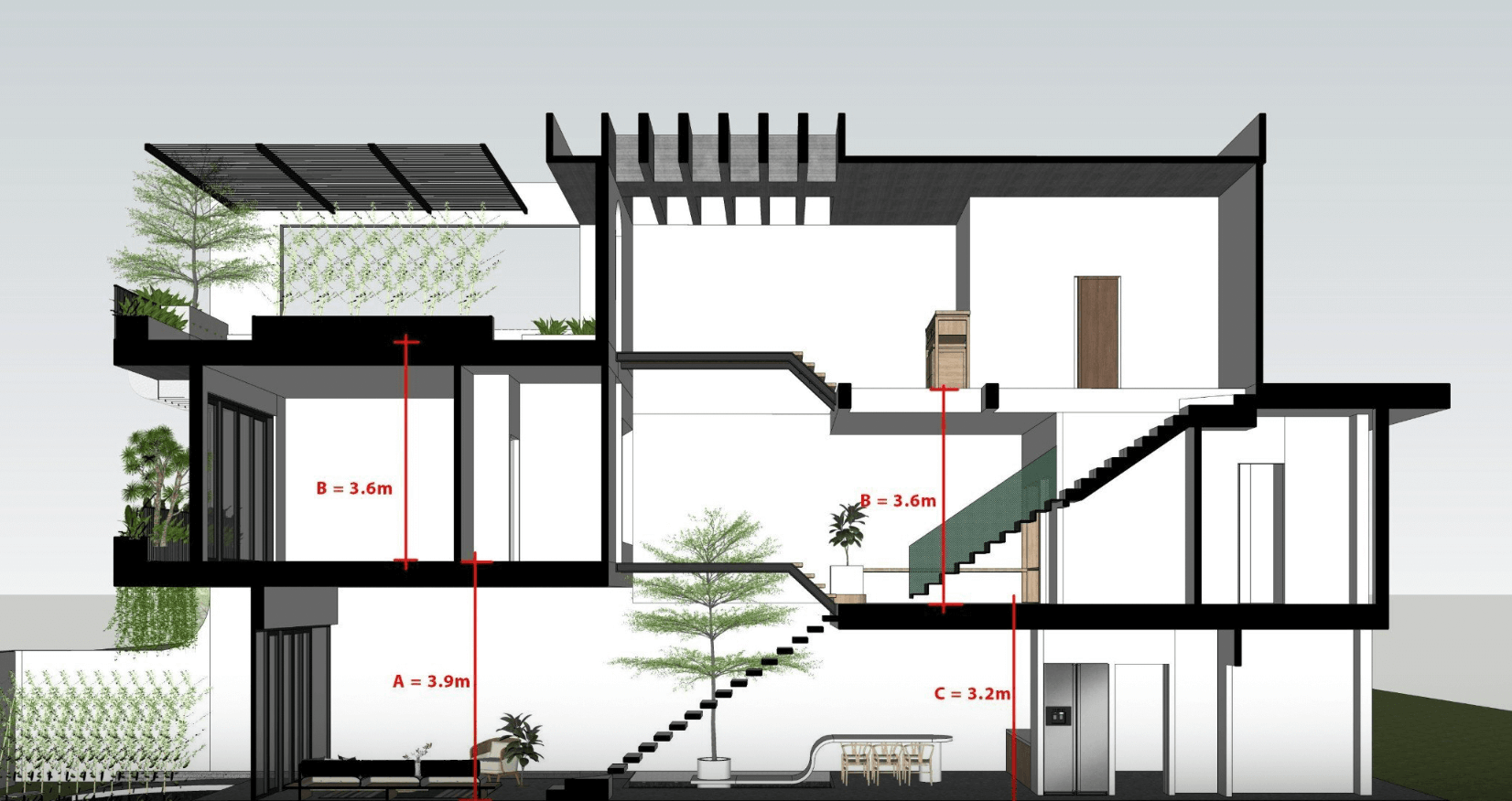 Sơ đồ kiến trúc cắt ngang của một ngôi nhà, hiển thị các tầng và khoảng cách trần nhà chi tiết lên đến 3,9m.