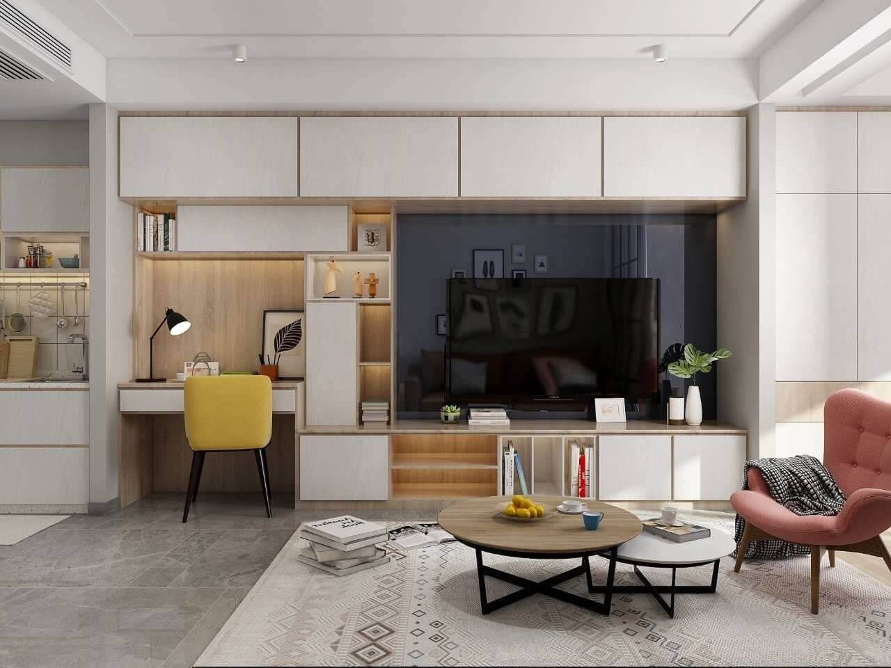 Phòng khách hiện đại với nội thất trang nhã, bàn cà phê và kệ tivi, ghế bành màu hồng, ghế làm việc màu vàng.