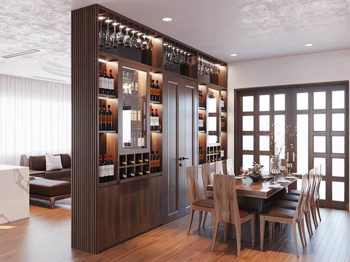 Phòng ăn hiện đại với bàn gỗ, tủ rượu sang trọng, ánh sáng tự nhiên tràn ngập qua cửa sổ lớn.