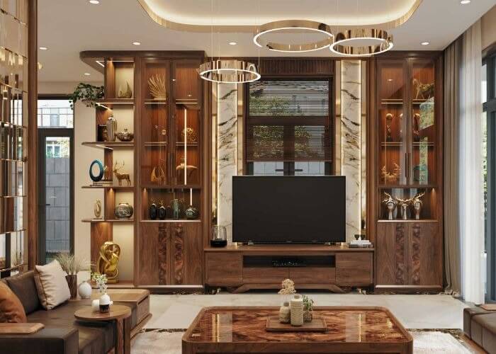 Phòng khách sang trọng với nội thất gỗ, đèn trần hiện đại, và tivi màn hình lớn.