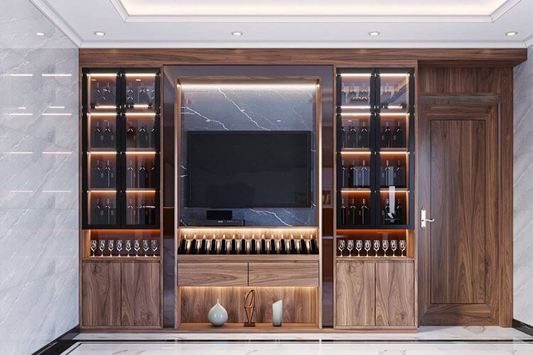 Tủ rượu gỗ hiện đại với đèn LED chiếu sáng, kết hợp kệ tivi và cửa gỗ bên cạnh trong phòng khách sang trọng.