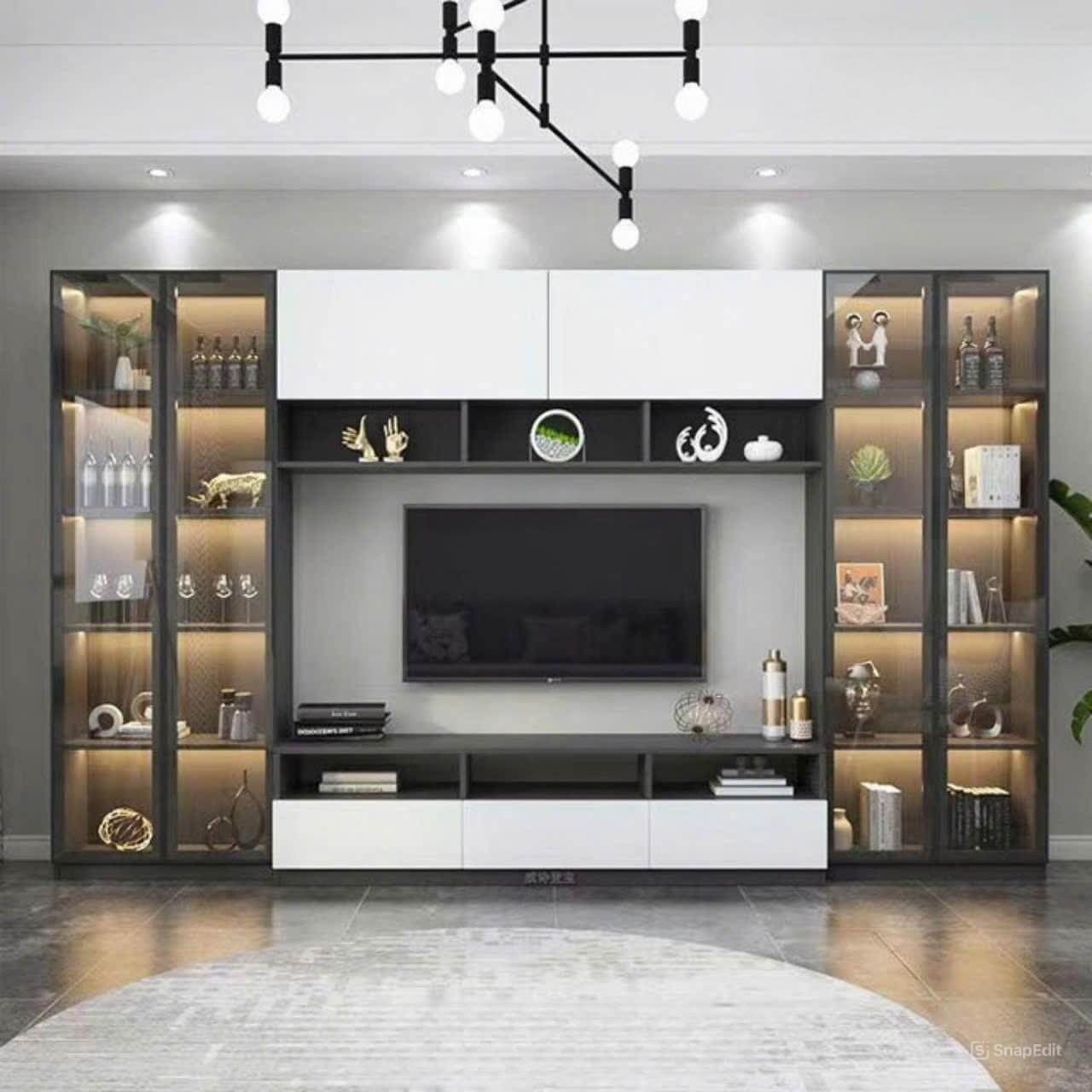 Kệ tivi hiện đại, trang trí nội thất với đèn LED, kệ chứa đồ và đèn chùm độc đáo.