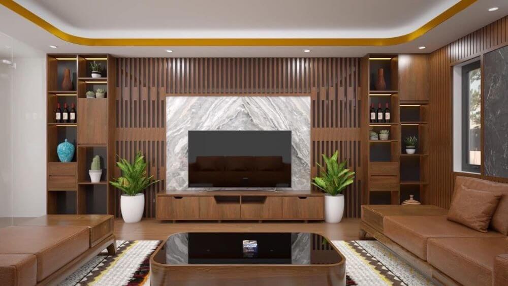 Phòng khách hiện đại với đồ nội thất gỗ, tivi lớn, cây xanh và trang trí tinh tế.