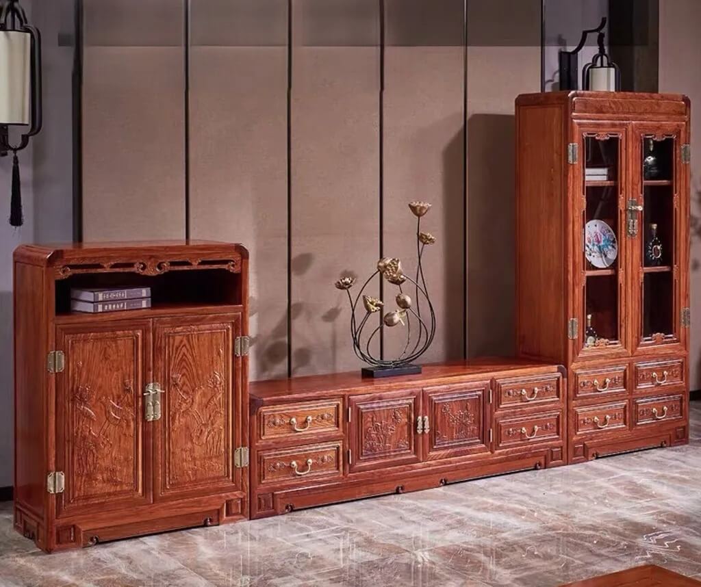 Bộ tủ gỗ màu nâu sang trọng, thiết kế cổ điển, trang trí nội thất nhà đẹp, kệ và tủ chứa sách, đồ trang trí.