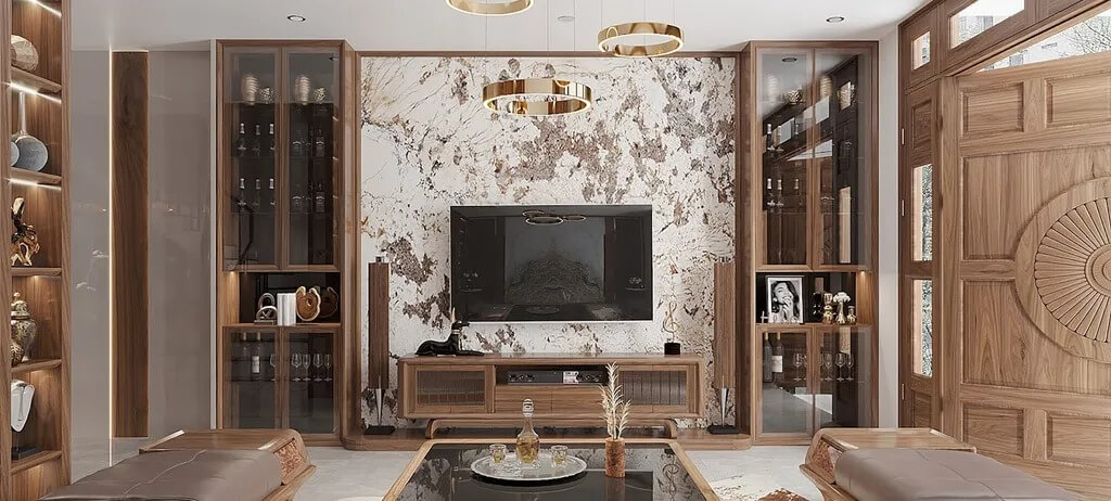 Phòng khách sang trọng với nội thất gỗ, tivi màn hình lớn và kệ tủ trang trí hiện đại.