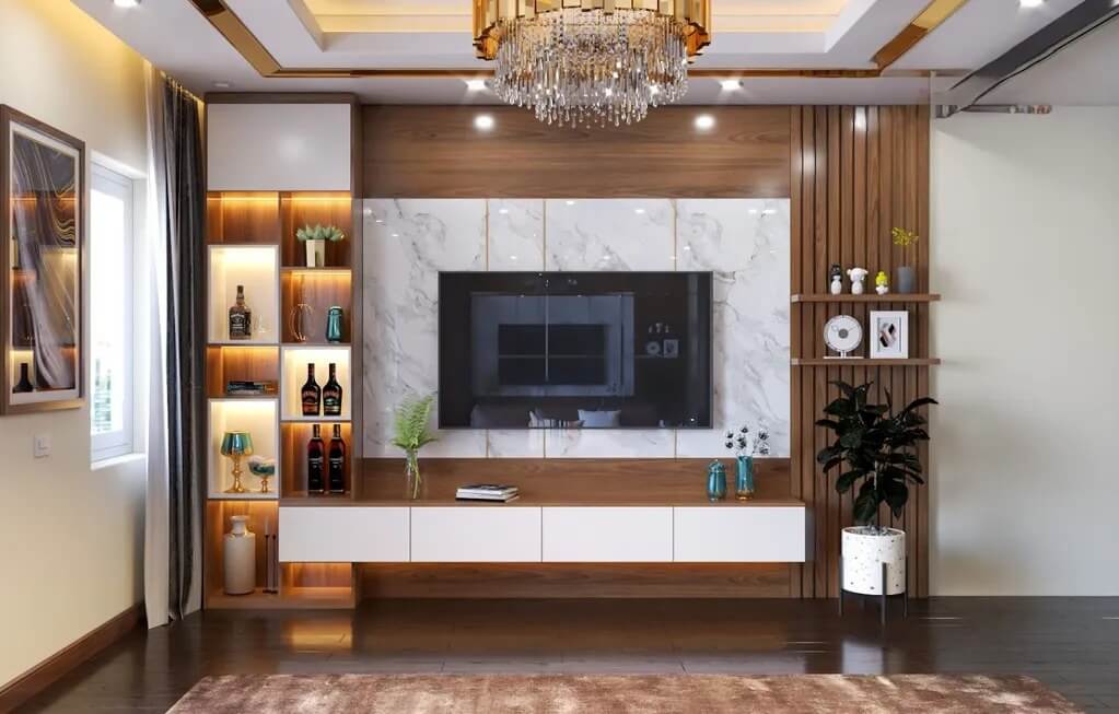 Phòng khách hiện đại với kệ tivi, đèn chùm, và kệ trang trí bằng gỗ và đá cẩm thạch.