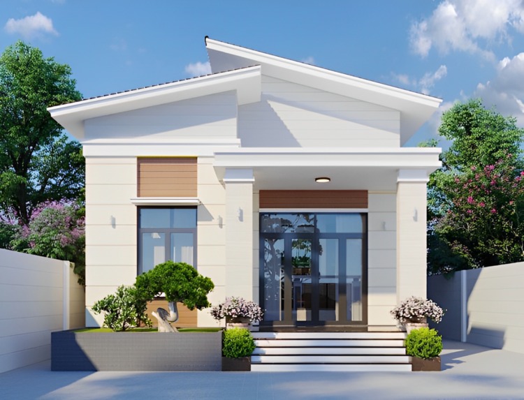 Nhà mái thái hiện đại, mặt tiền thoáng, cây xanh trang trí, ánh sáng tự nhiên.