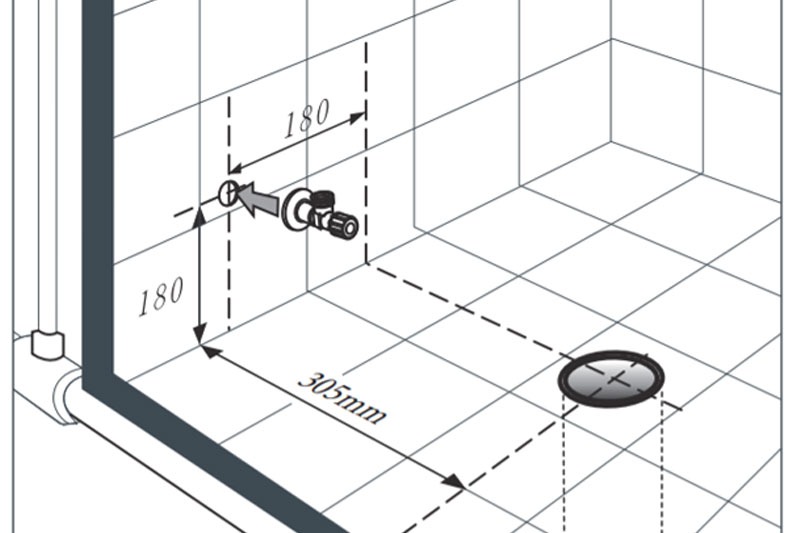 Bản vẽ thiết kế hệ thống ống dẫn nước trong phòng tắm với kích thước và vị trí lắp đặt chi tiết trên nền gạch.