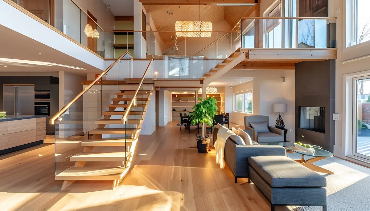 Nội thất hiện đại với cầu thang gỗ kính, ánh sáng tự nhiên, nội thất sang trọng, thiết kế mở thoáng đãng.