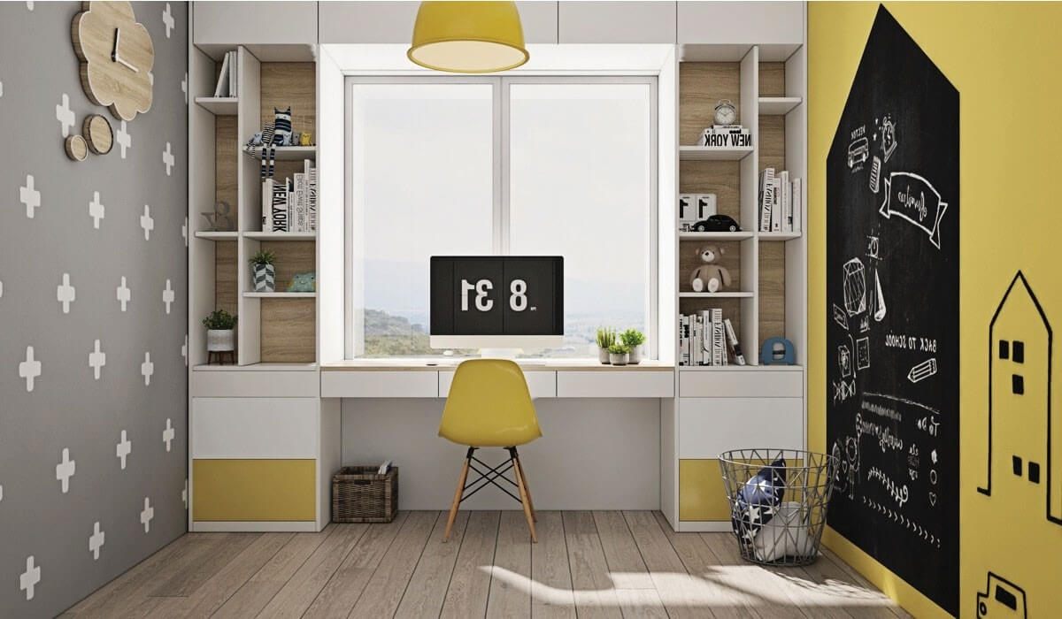 Không gian làm việc được thiết kế dọc theo chiều ngang của ngôi nhà, đỡ chiếm diện tích