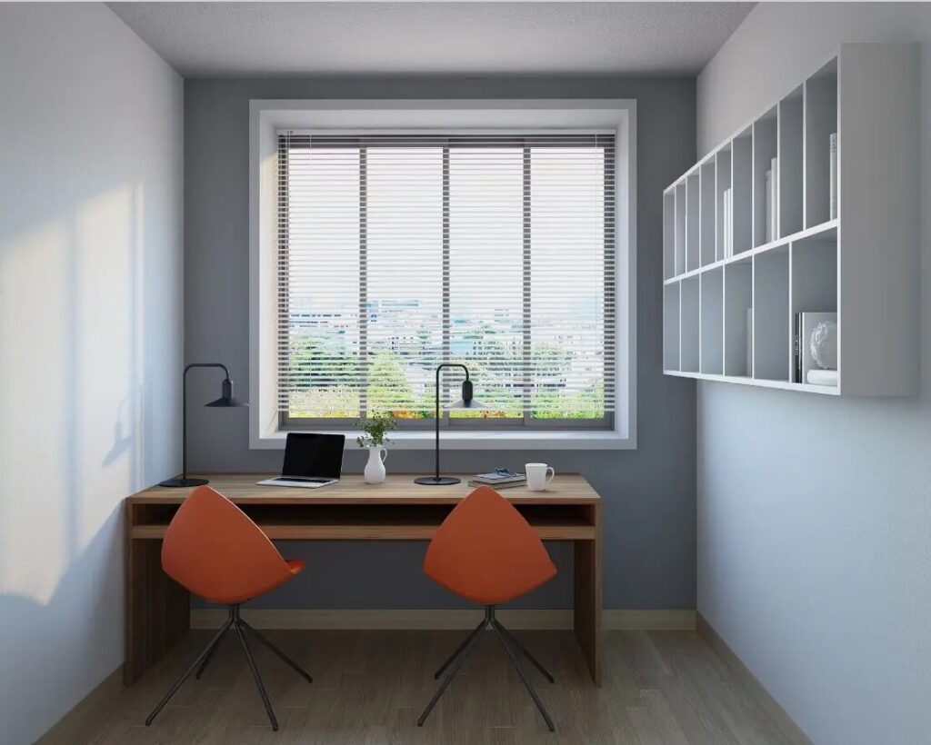 Góc làm việc hiện đại với bàn gỗ, ghế cam, laptop, đèn bàn và cửa sổ sáng tạo không gian thoáng đãng, tiện nghi.