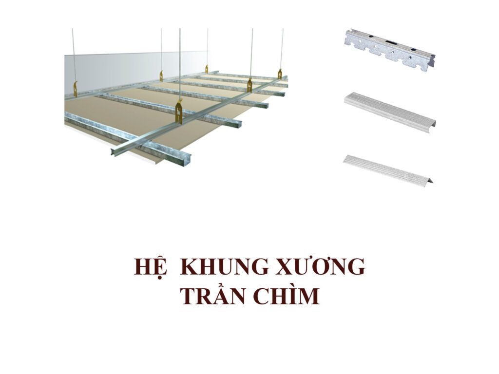 khung-xuong-tran-thach-cao-chim Hệ khung xương trần chìm, gồm các thanh kim loại dùng trong thi công xây dựng và lắp đặt trần nhà.