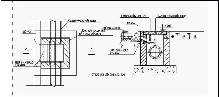 Bản vẽ kỹ thuật chi tiết cấu trúc bể bê tông cốt thép và tường xây, có thông số kích thước và vật liệu.