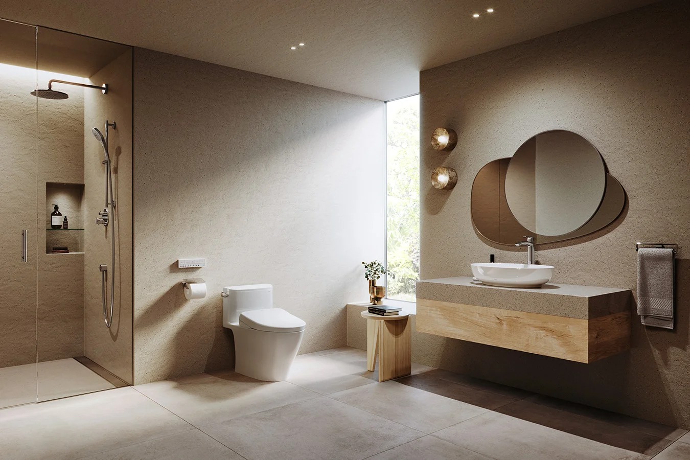 Phòng tắm hiện đại với vòi sen, bồn cầu và bồn rửa mặt, ánh sáng tự nhiên dịu nhẹ qua cửa sổ lớn.