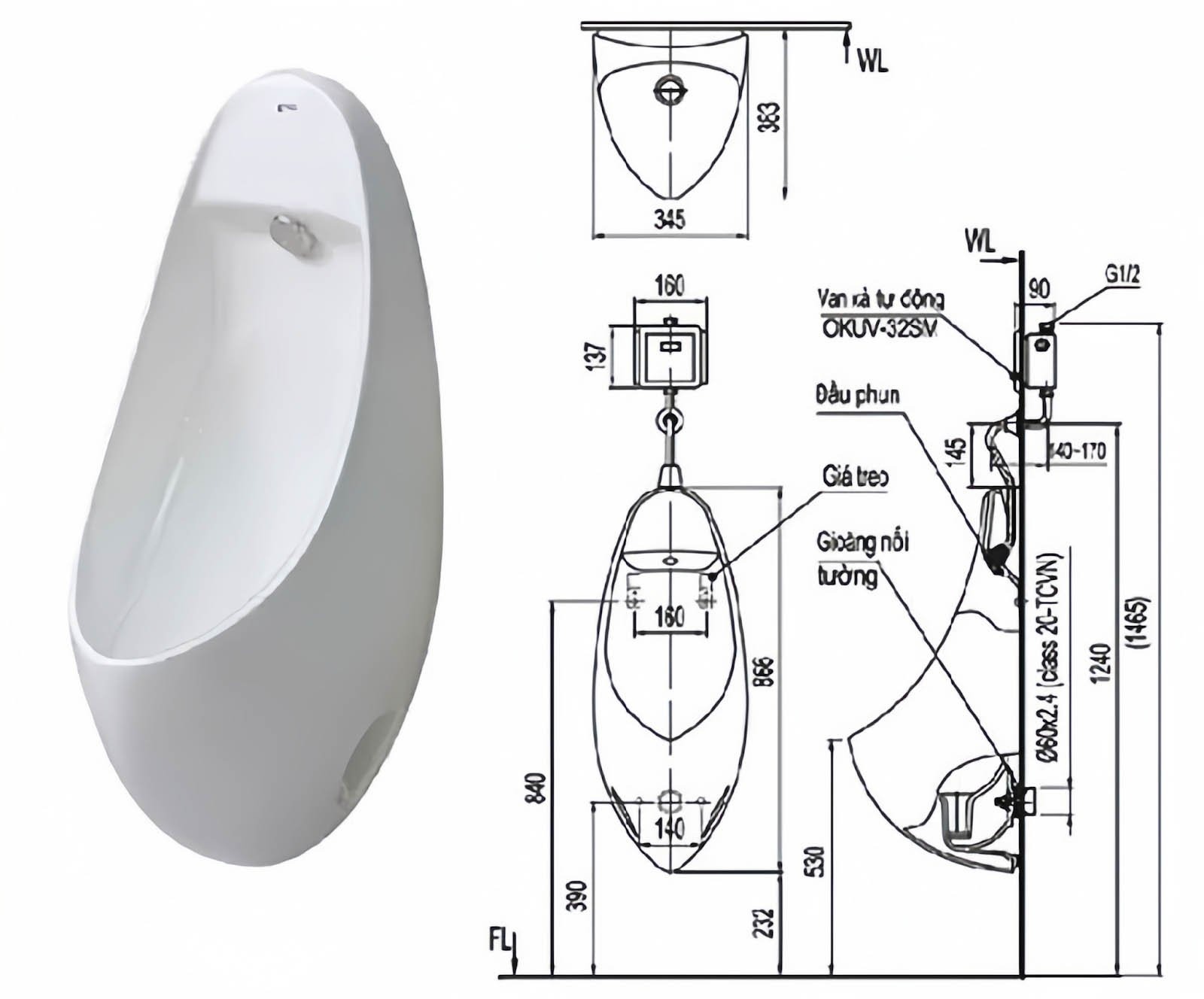 kich-thuoc-tieu-nam-ra-sao Bản vẽ và hình ảnh bồn tiểu nam treo tường, gồm kích thước và chi tiết lắp đặt bồn tiểu OKUV-325SV.