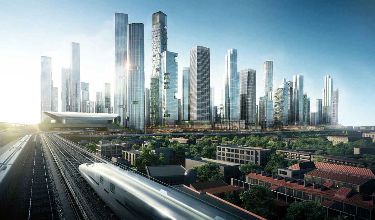 kienviet-goc-nhin-cua-som-ve-cac-du-an-tod-tren-the-gioi-22 Thành phố hiện đại với tòa nhà chọc trời và tàu cao tốc di chuyển dưới trời xanh nắng.