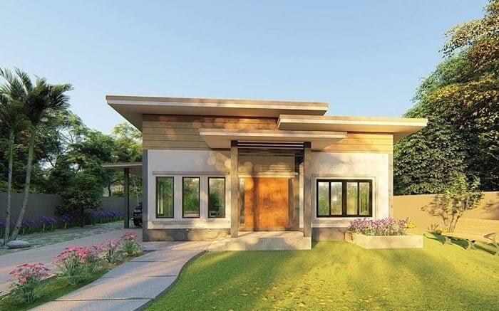 Ngôi nhà hiện đại nhỏ trong vườn xanh, mặt tiền bằng kính lớn đón nắng, thiết kế sân vườn tối giản.