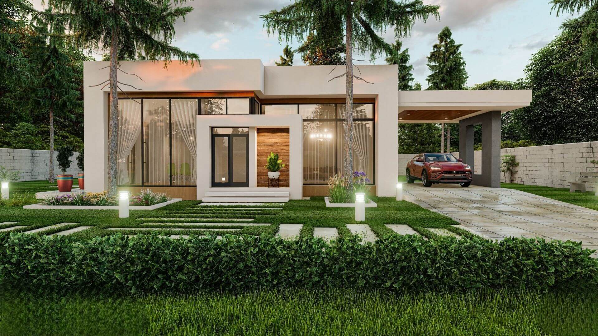 Ngôi nhà hiện đại với tường kính và ô tô đậu bên cạnh, bao quanh bởi vườn cây xanh tươi.